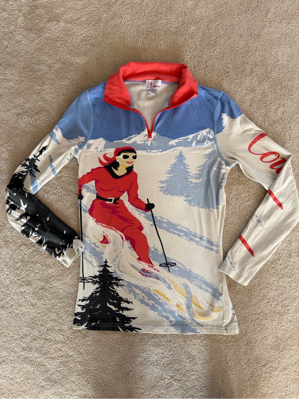 Neve Red & Blue Ski Graphic Quarter-Zip Long Sleeve Silk Shirt